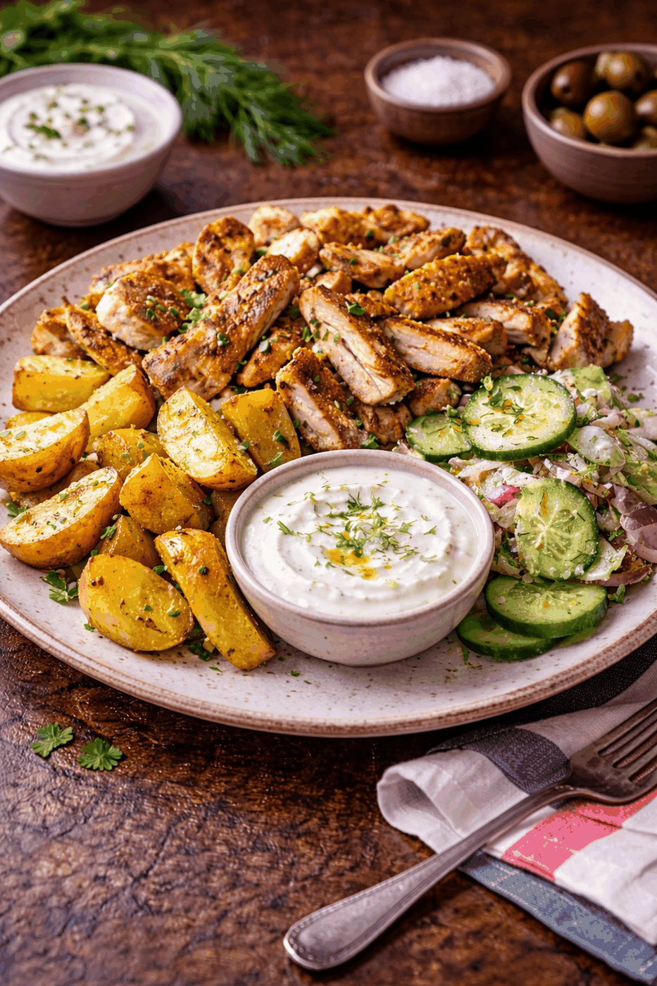 Recipe photo: Chicken gyros with baked potatoes, cucumber salad and tzatziki (oven dishes)