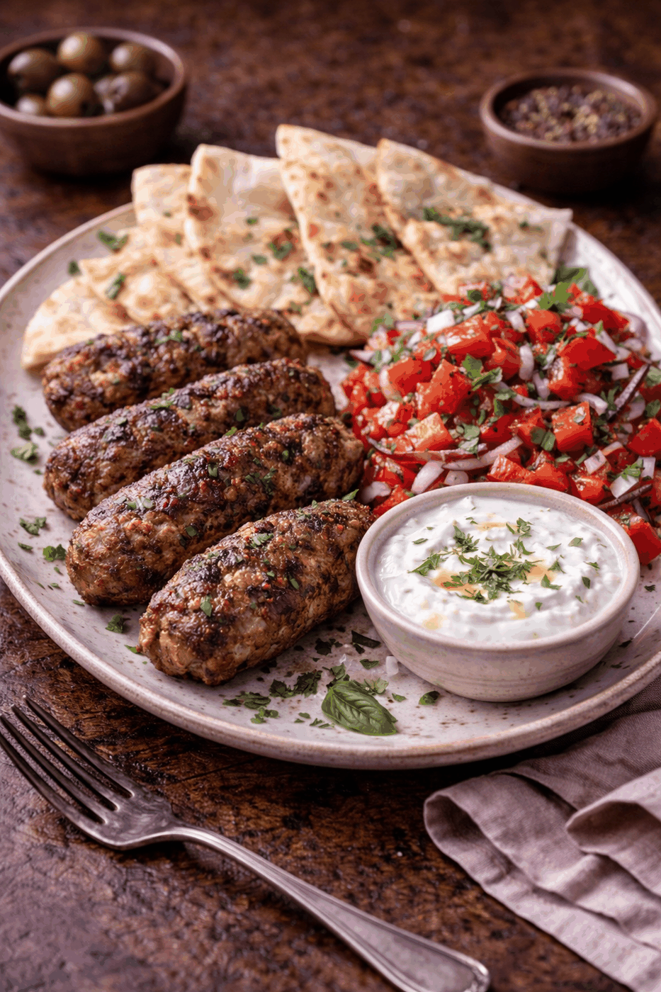 Recipe photo: Köfte with tomato and onion salad, tzatziki and flatbread (meat dishes)