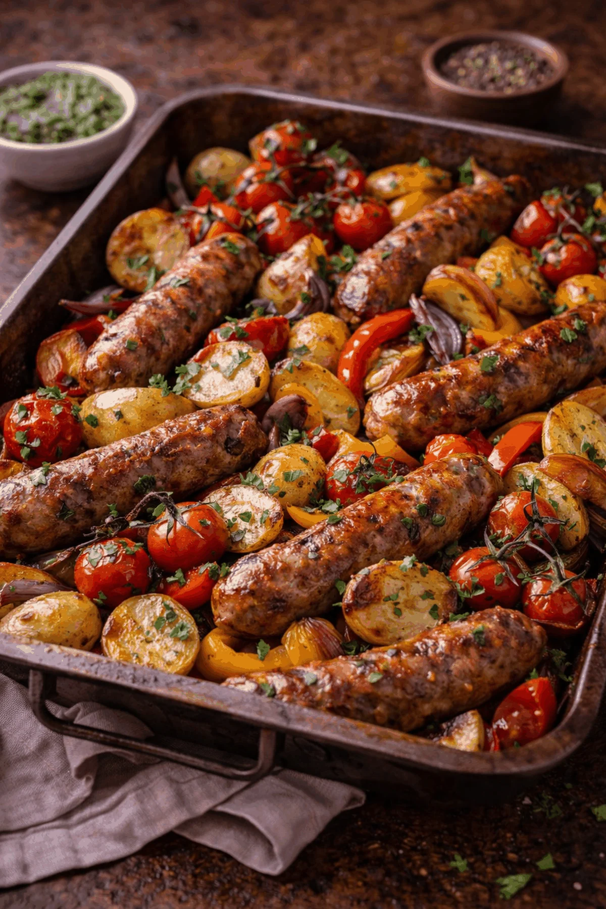 Svens Ofengericht mit Salsiccia, Gemüse & Kartoffeln (cremige Sonntagsversion) – Rezeptfoto