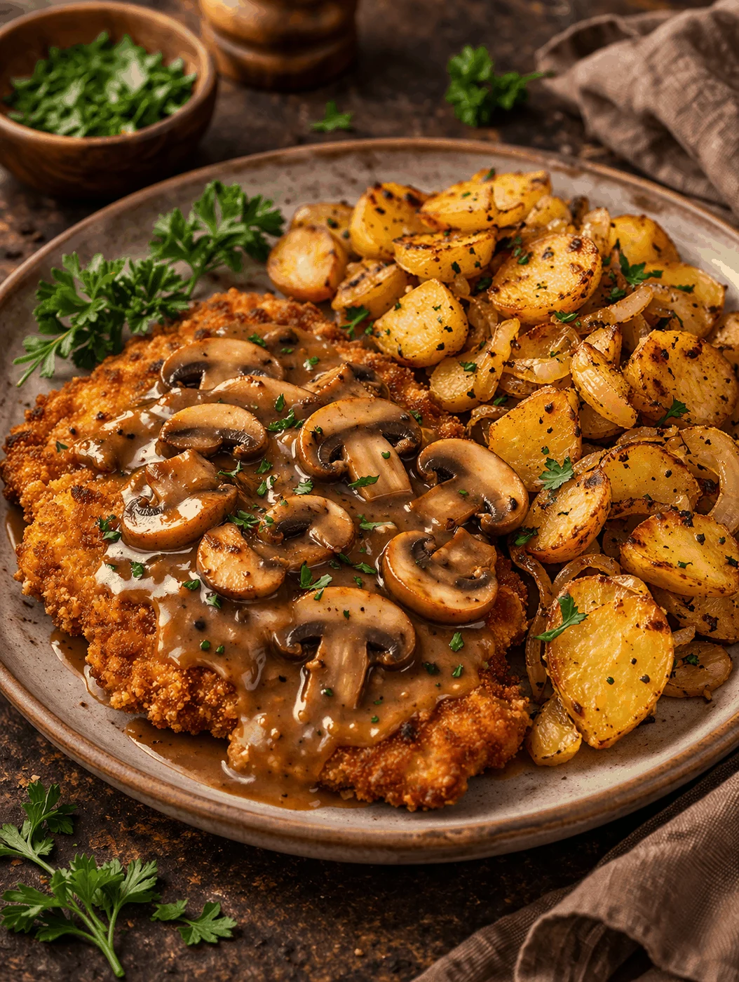 Jägerschnitzel s opečenými bramborami – Fotografie jídla