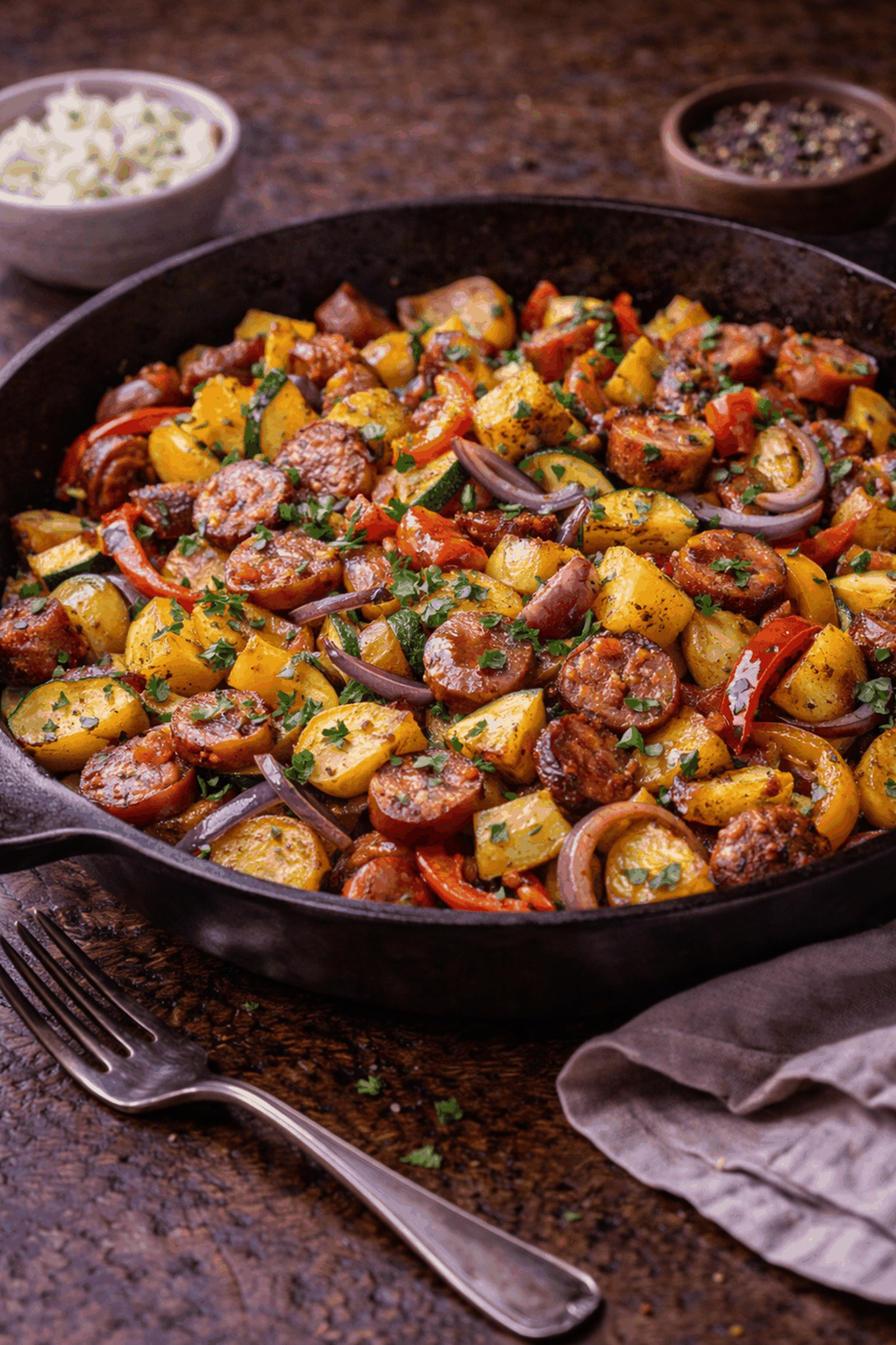 Recipe photo: Sven's vegetable and potato pan with ajvar teriyaki sauce & cabanossi (meat dishes)