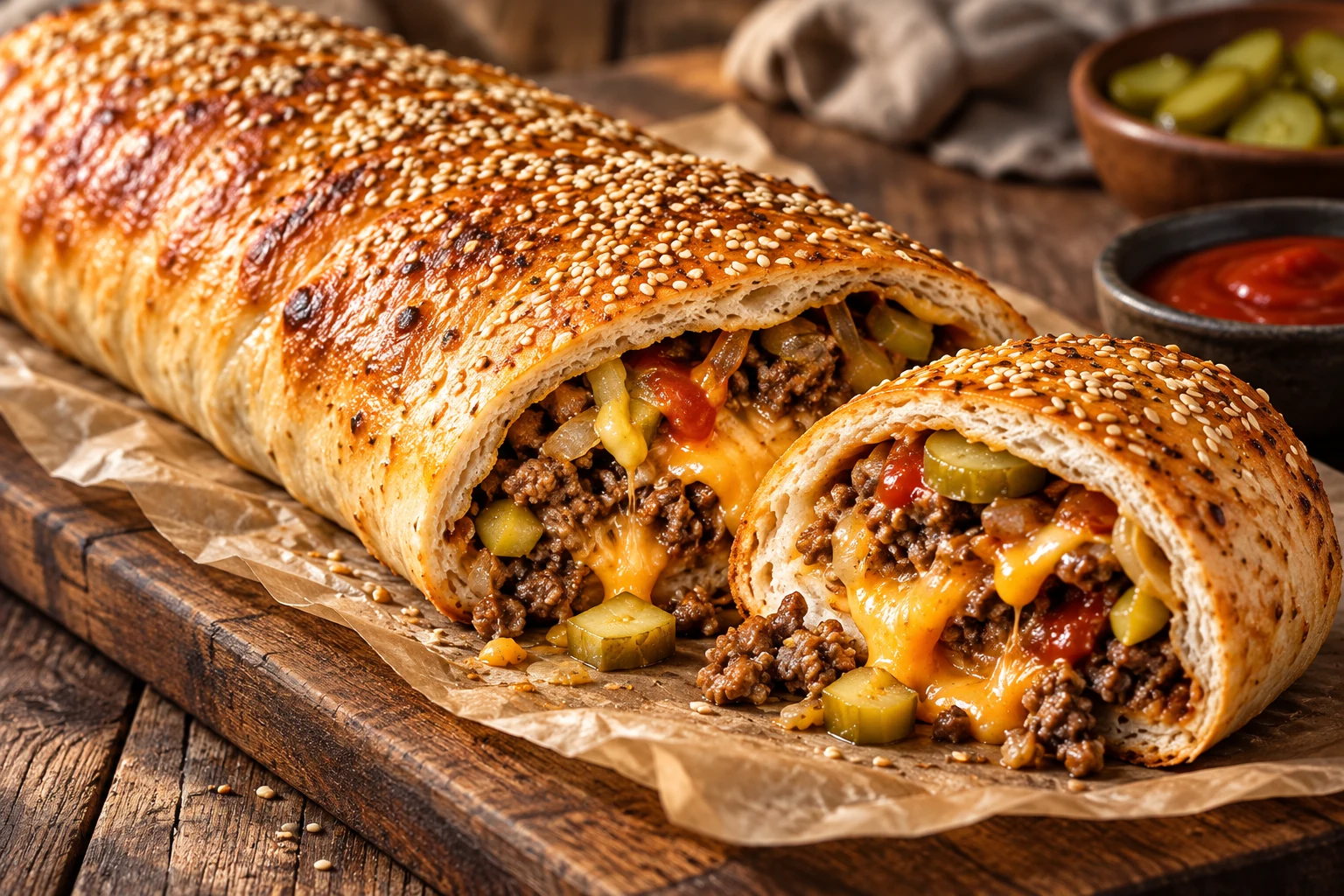 Rollo de hamburguesa con queso hecho con masa de pizza – Sugerencia de presentación generada con IA