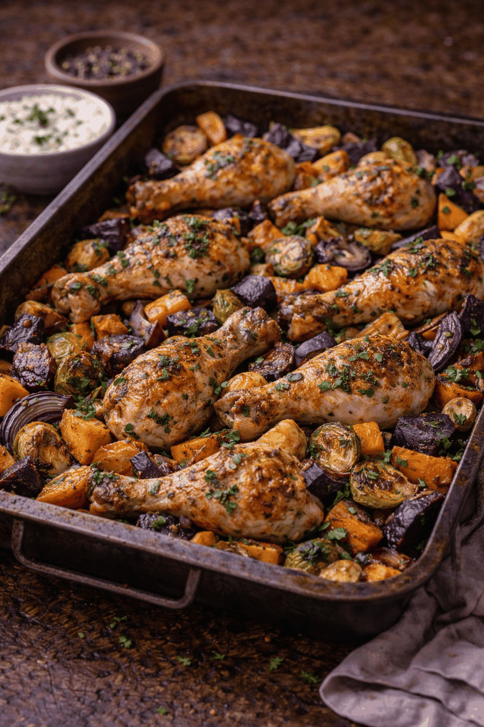 Recipe photo: Oven vegetables with chicken thighs and purple sweet potatoes (chicken dishes)