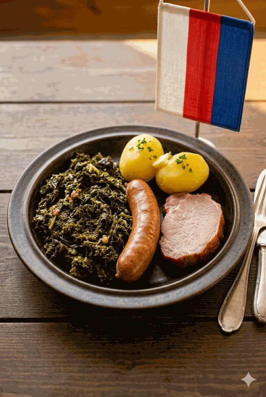 Kale s Bregenwurstem, uzeným vepřovým masem a bramborami – Fotografie jídla