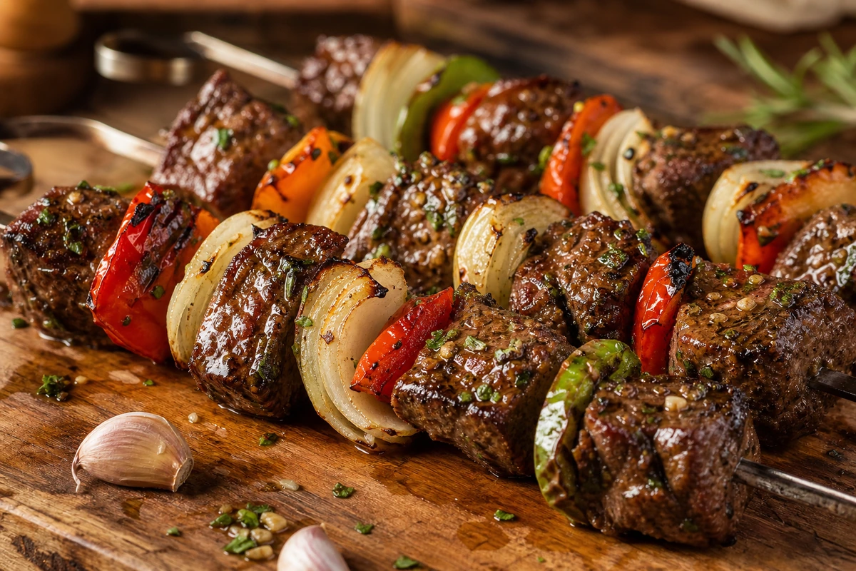 Schaschlik vom Grill – Rind mit Knoblauch-Zwiebel-Marinade – Rezeptfoto