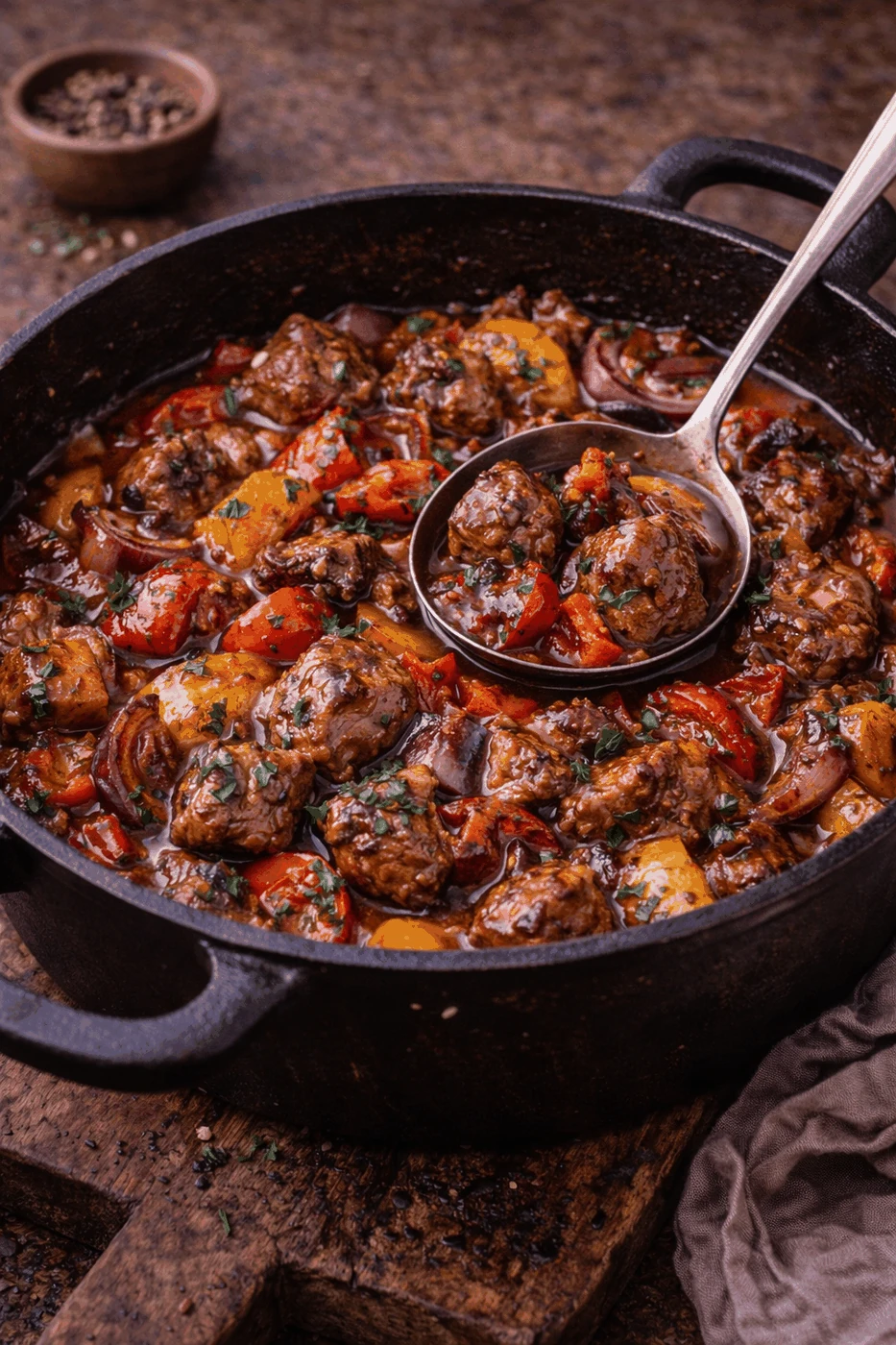 Schaschlik-Topf mit Paprika und Zwiebeln – Rezeptfoto