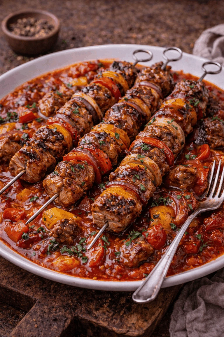 Schaschlik-Spieße mit Paprikasauce und Letscho – Rezeptfoto