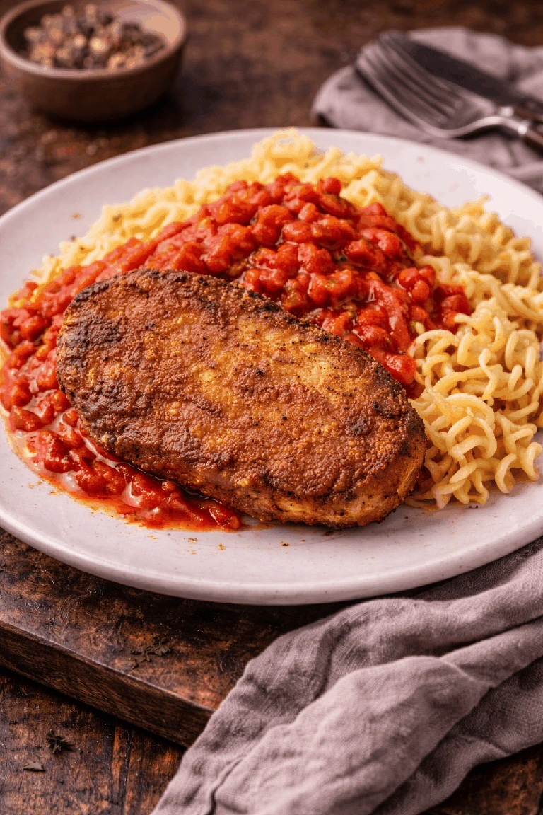 Jägerschnitzel s rajčatovou omáčkou a spirelli – Fotografie jídla