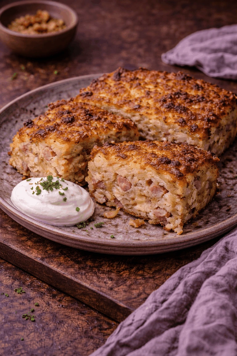 Babka ziemniaczana s uzeným vepřovým masem a cibulí – Fotografie jídla