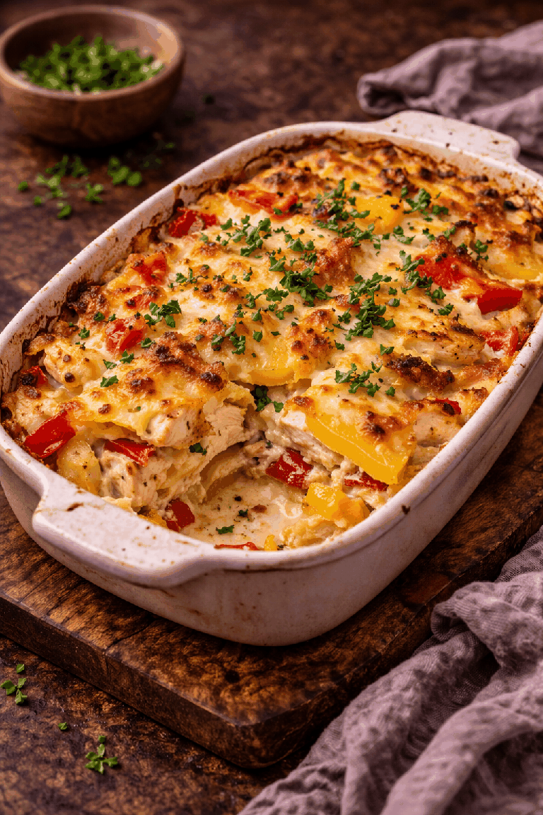 Recipe photo: Potato zapiekanka with chicken and peppers (oven & casseroles)