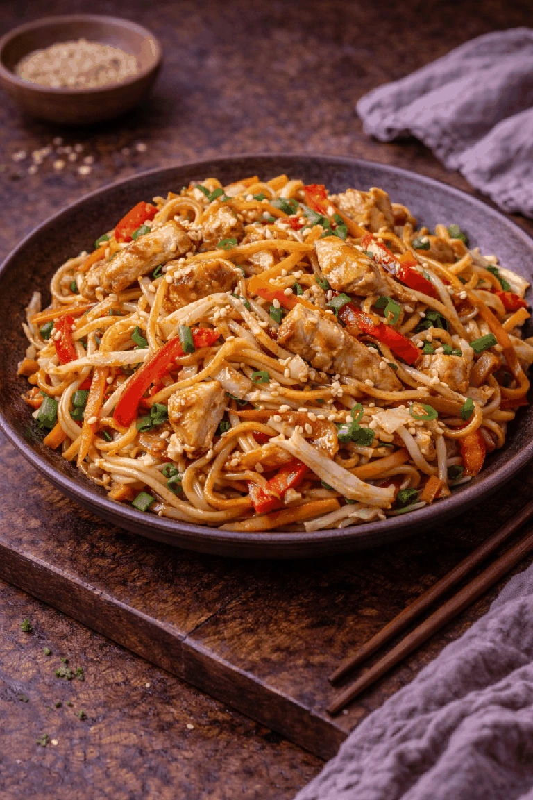 Gebratene Asia-Nudeln mit Hähnchen – Rezeptfoto