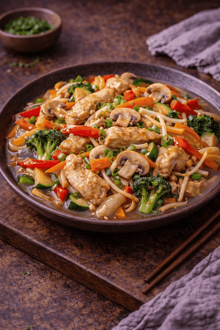 Chop Suey mit Hähnchen und Gemüse – Rezeptfoto