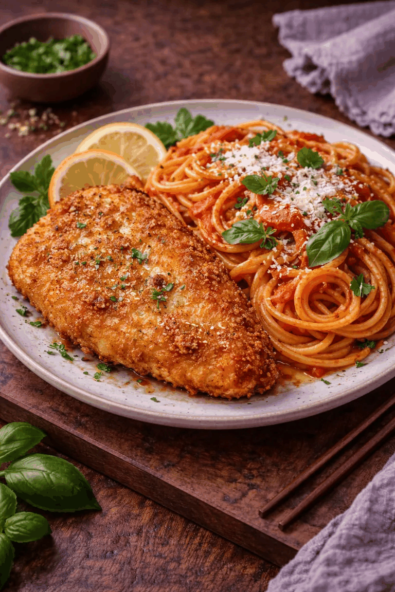 Recipe photo: Schnitzel Milanese with pasta and tomato sauce (pasta & meat dishes)