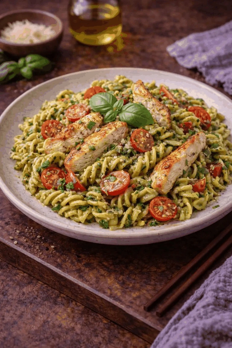 Pasta Pesto mit Hähnchen – Rezeptfoto