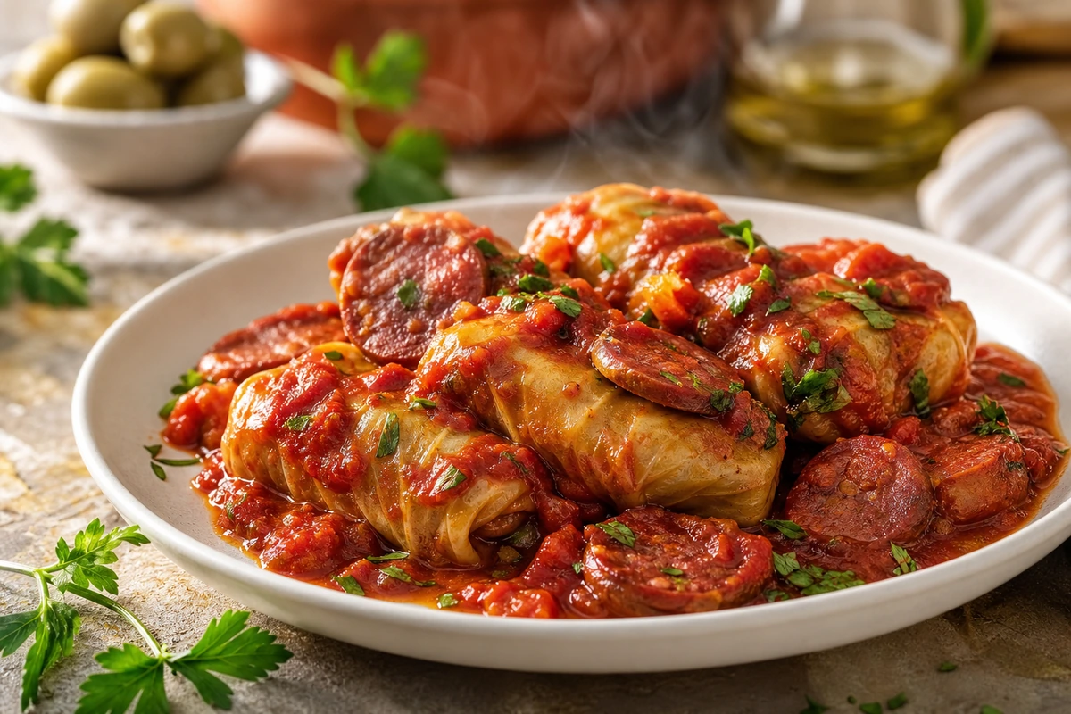 Spanish cabbage rolls with chorizo, red wine and bacon – Recipe photo