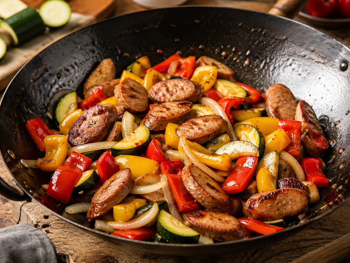 Bratwurst wok se zeleninou – Fotografie jídla