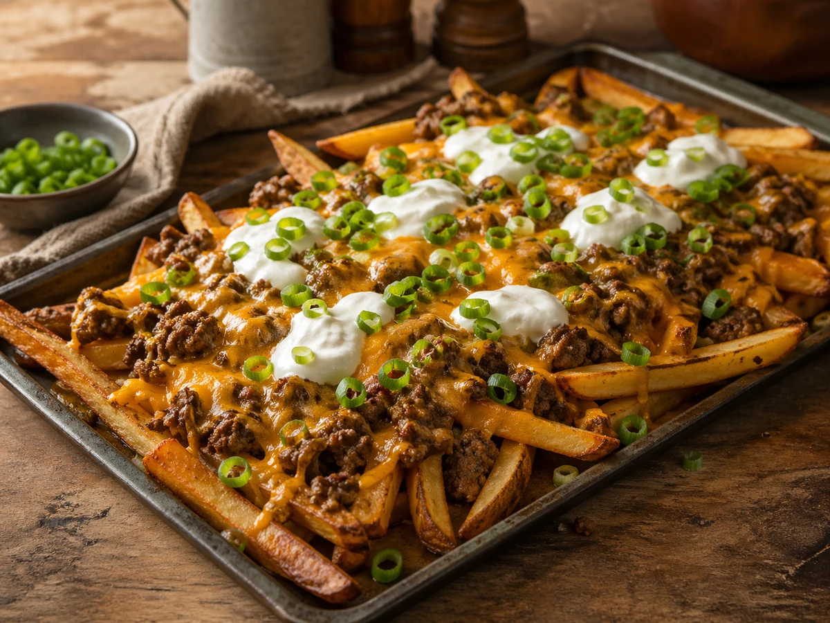 Patatine fritte con carne macinata e formaggio – Foto della ricetta