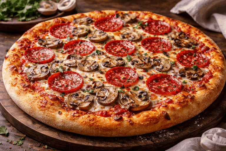 Recipe photo: Pizza with mushrooms and salami (classics & home cooking)