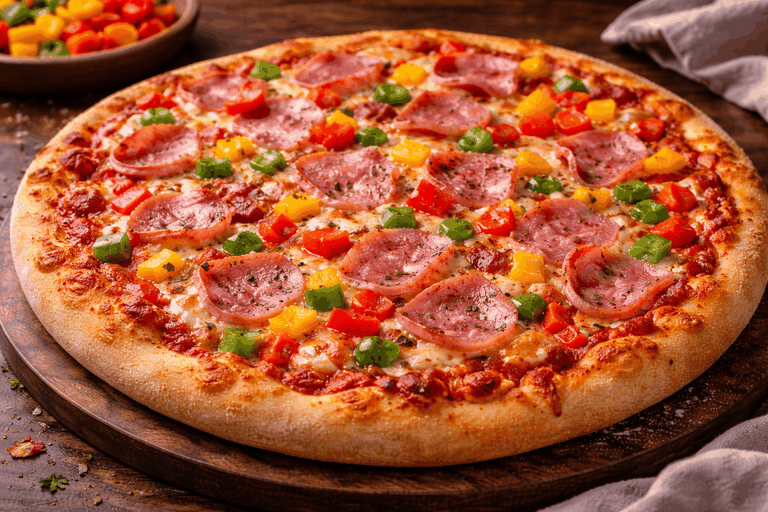 Recipe photo: Pizza with ham, peppers and onions (classics & home cooking)