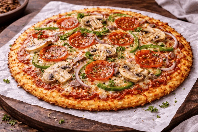 Low-Carb-Pizza auf Blumenkohlboden – Rezeptfoto