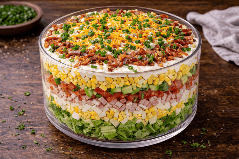 Recipe photo: Layered salad with chicken and garlic sauce (Fast Food)