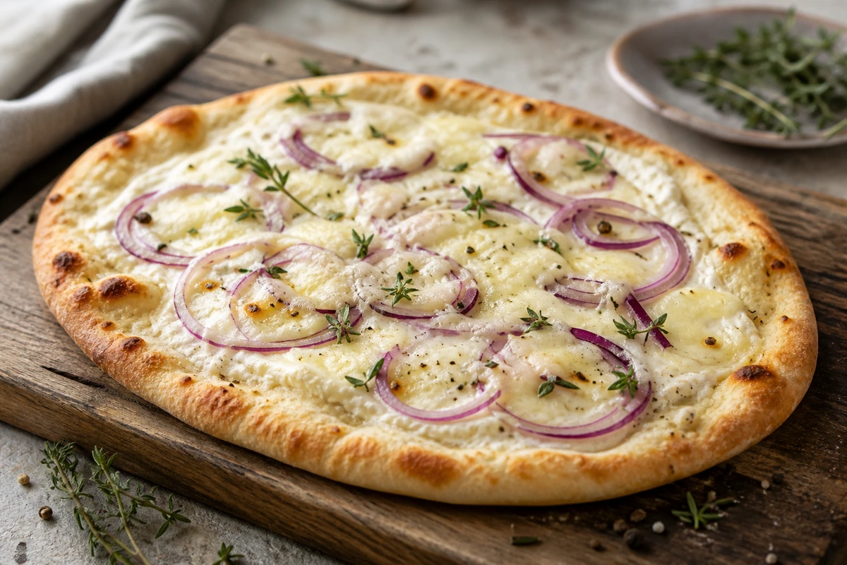 Pizza Bianca mit Crème fraîche – Rezeptfoto