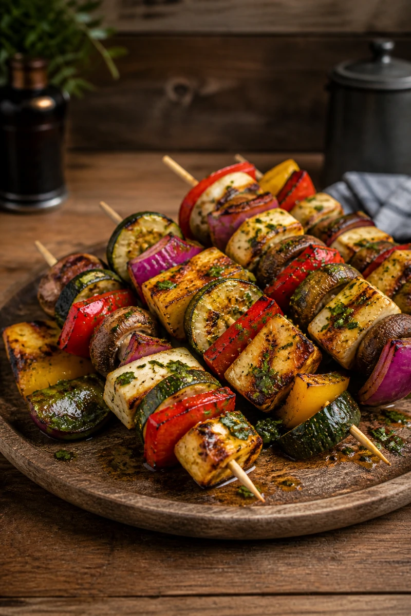 Mediterrane Grillspieße mit Halloumi, Gemüse und Kräuteröl – Rezeptfoto