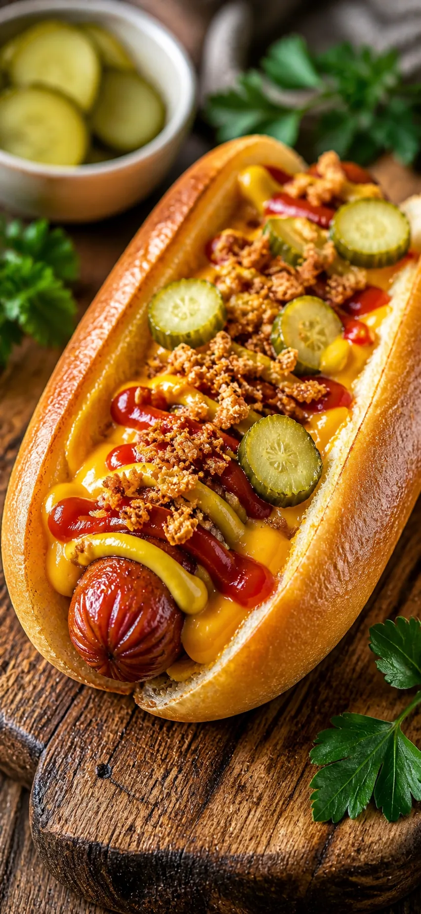 Hot dog Airfryer con formaggio cheddar, cetriolo e cipolle fritte – Foto della ricetta