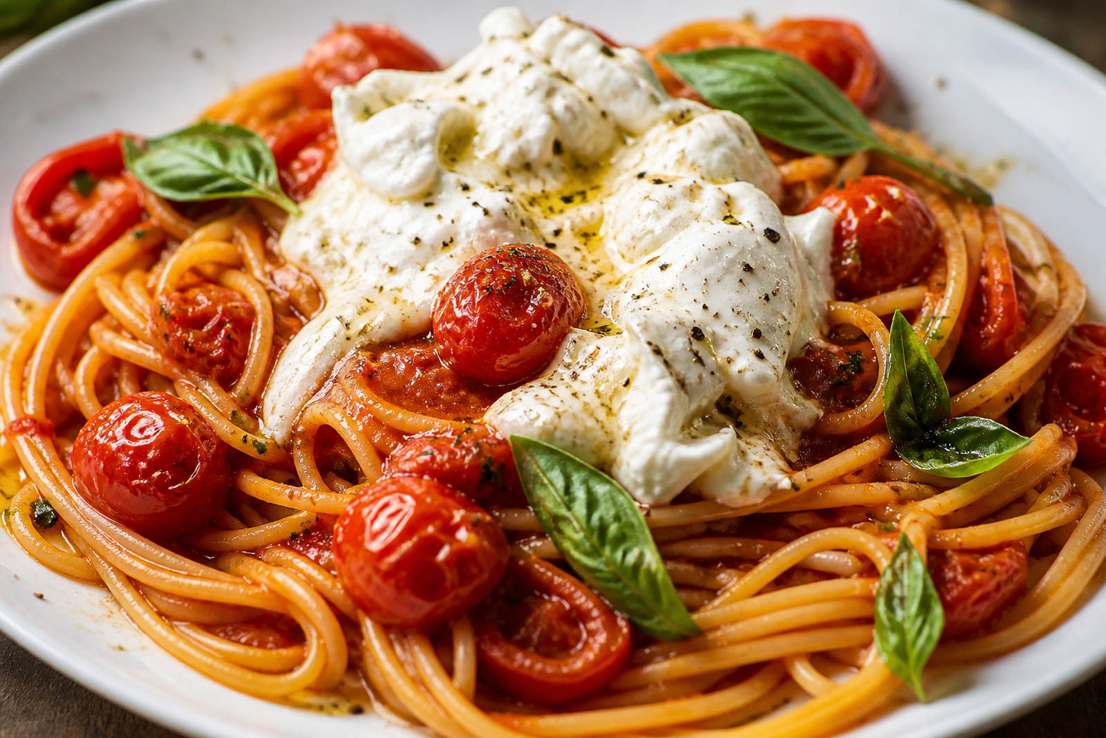 Zdjęcie przepisu: Spaghetti z duszonymi pomidorkami koktajlowymi i burratą (Dania z makaronu)