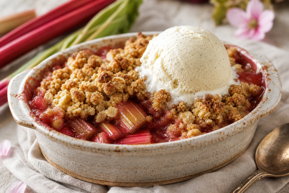 Rhabarber-Crumble mit Vanilleeis – Rezeptfoto