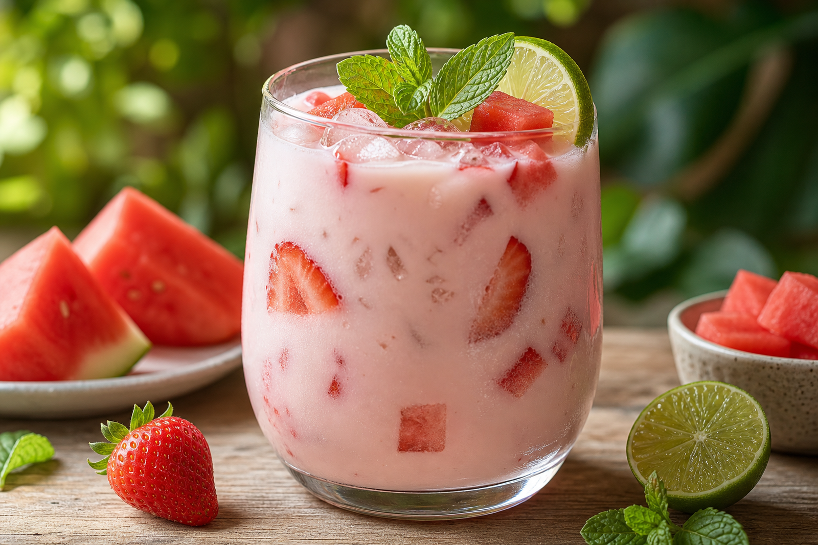 Zdjęcie przepisu: Horchata truskawkowo-arbuzowa z mlekiem ryżowym (Letnie horchaty i aguas frescas)