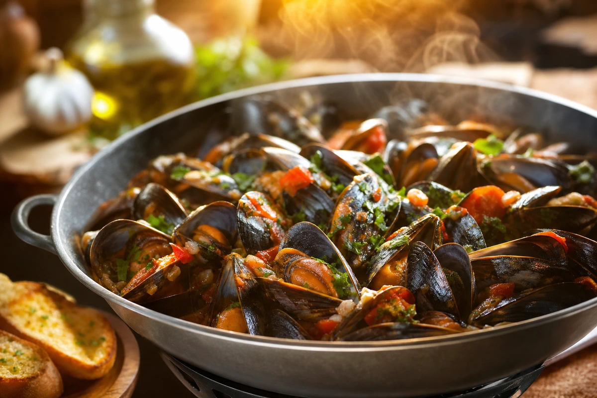 Svens Muscheln in Weißwein-Tomaten-Butter-Sauce mit Airfryer-Knoblauchbrot – Rezeptfoto