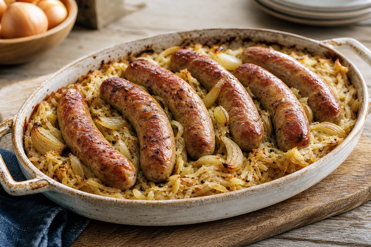 Bratwurst s kysaným zelím z trouby – Fotografie jídla
