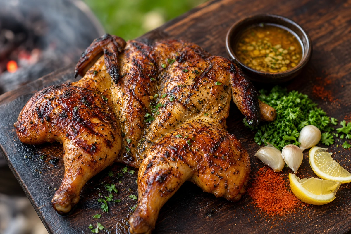 Roadkill Chicken vom Grill mit Knoblauch-Kräuter-Dip – KI-Serviervorschlag