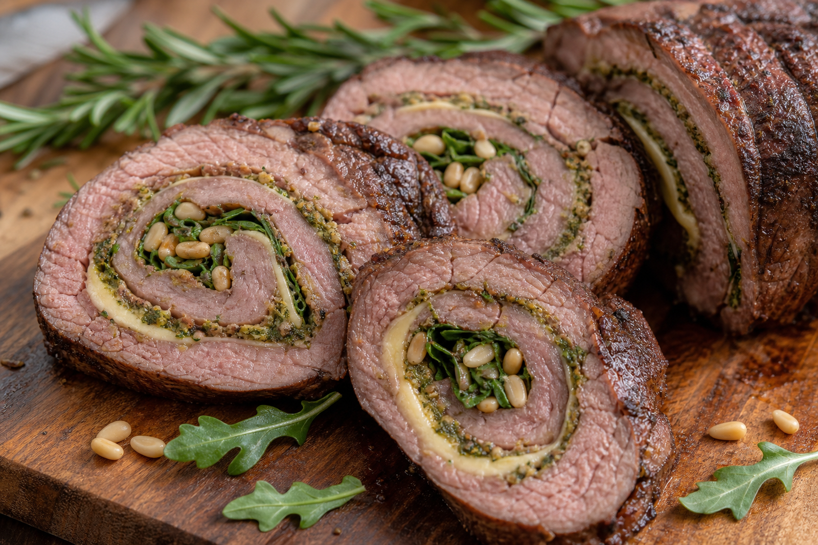 Recipe photo: BBQ beef roulade with Old Amsterdam, pesto, arugula & pine nuts (Meat dishes)