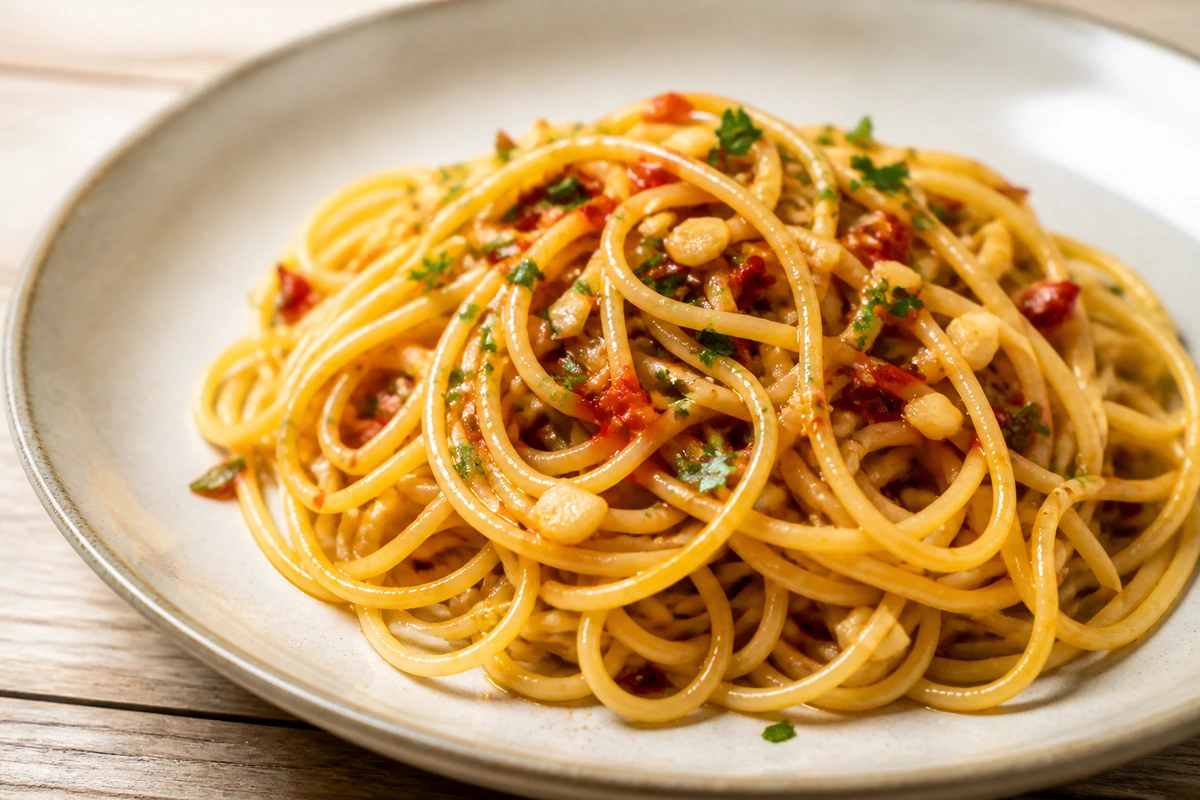 Spaghetti mit Knoblauch und Sambal Oelek – Rezeptfoto