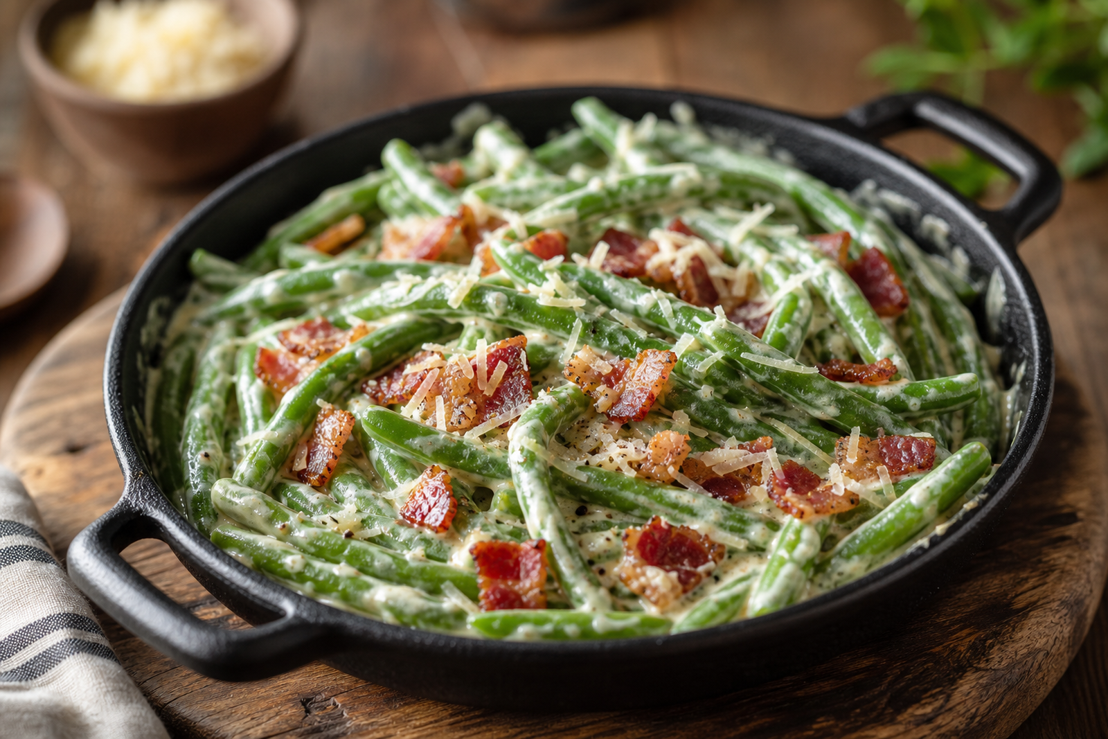 Rezeptfoto: Bohnen in cremiger Parmesansoße mit Speck (Salate & Beilagen)