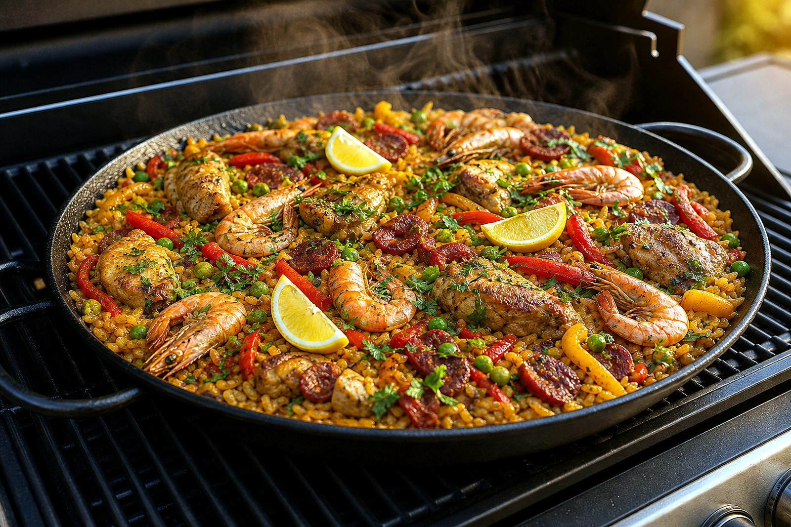 Zdjęcie przepisu: Grillowana paella Svena z kurczakiem, chorizo i krewetkami (Dania z patelni)