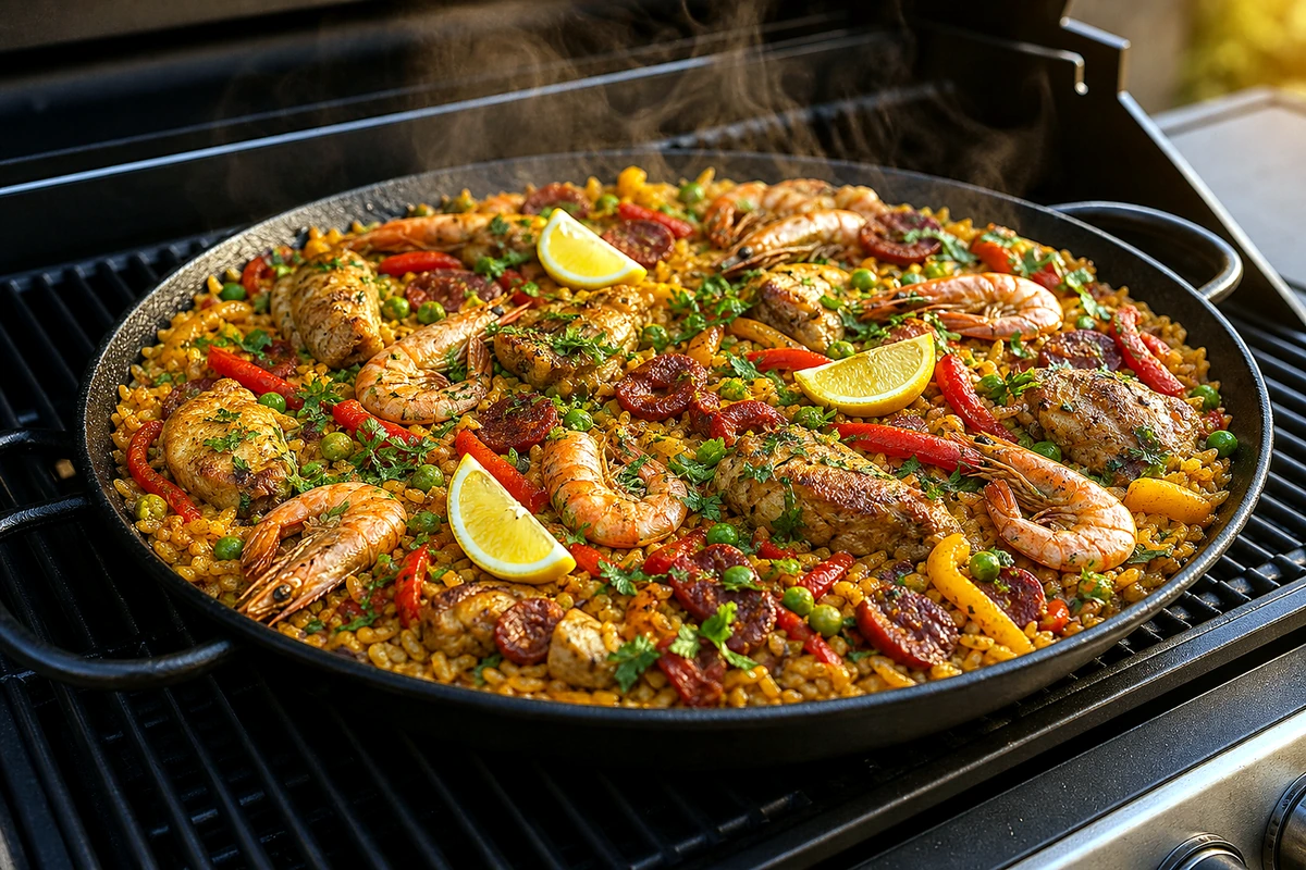 Sven's Grilled Paella with Chicken, Chorizo and Prawns – Recipe photo