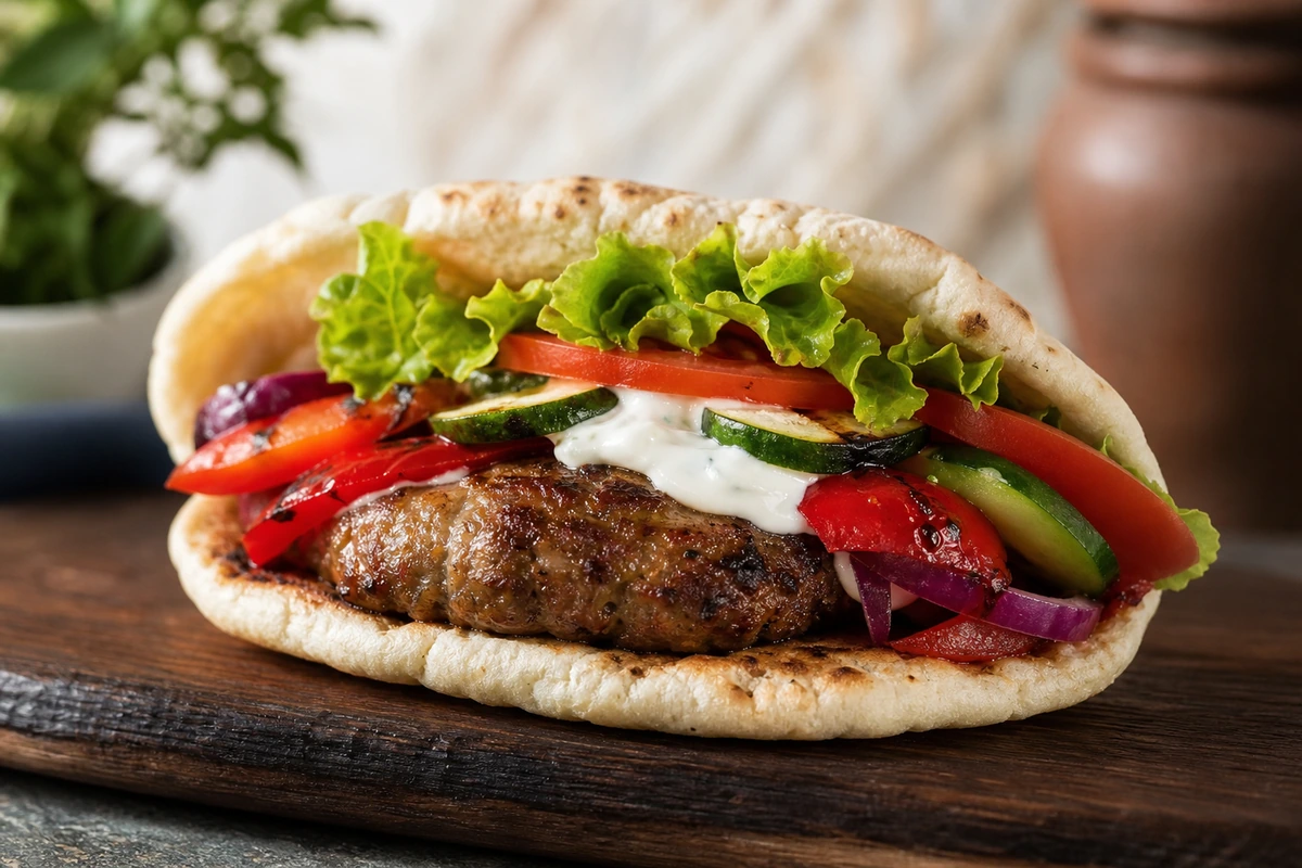 Svenova pita s masovou placičkou, aioli a zeleninou – Návrh servírování vytvořený AI