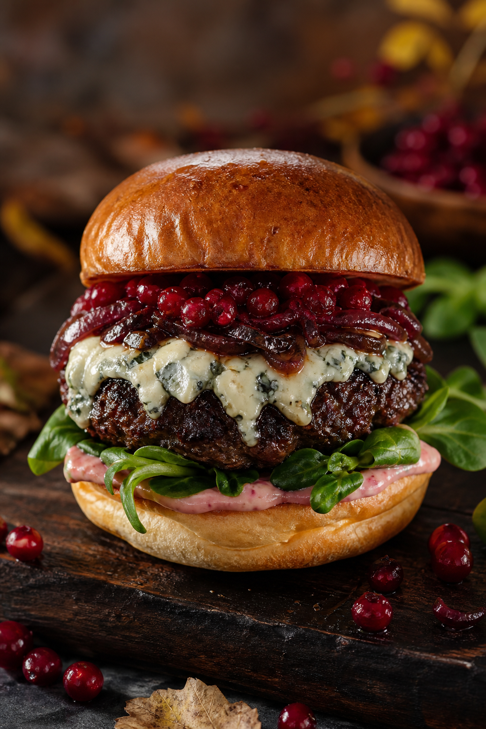 Wildburger mit geschmolzenem Blauschimmelkäse, Preiselbeeren und karamellisierten roten Zwiebeln im gerösteten Brioche-Bun