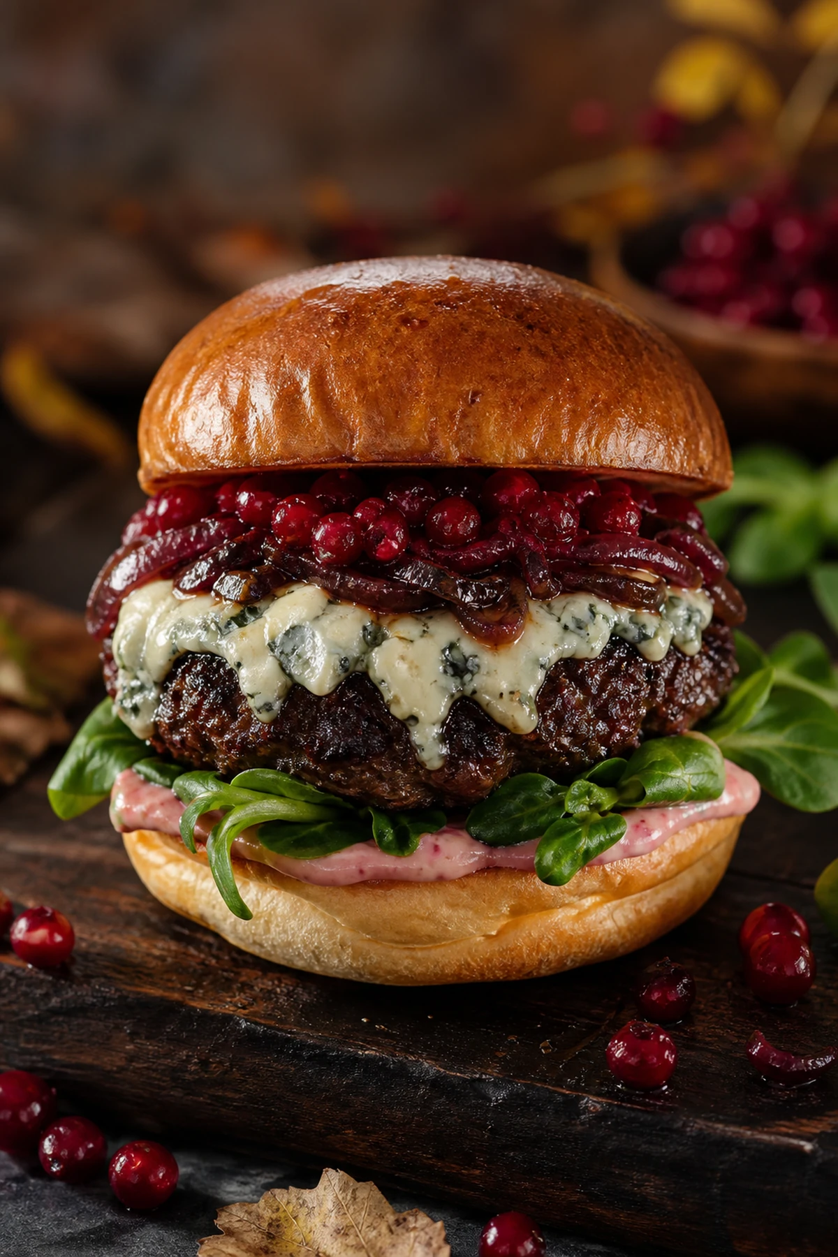 Sven's Wild & Blue Burger s modrým sýrem a brusinkami – Návrh servírování vytvořený AI