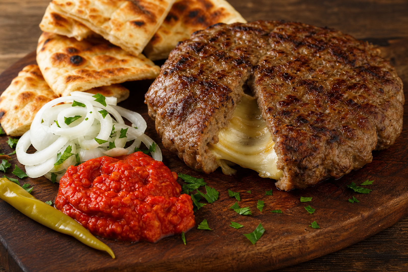 Recipe photo: Sven's Cheese-Stuffed BBQ Pljeskavica with Pide, Ajvar and Onions (Quick)