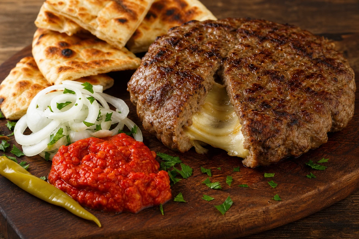 Sven's sýrem plněná BBQ Pljeskavica s pide, Ajvarem a cibulí – Návrh servírování vytvořený AI