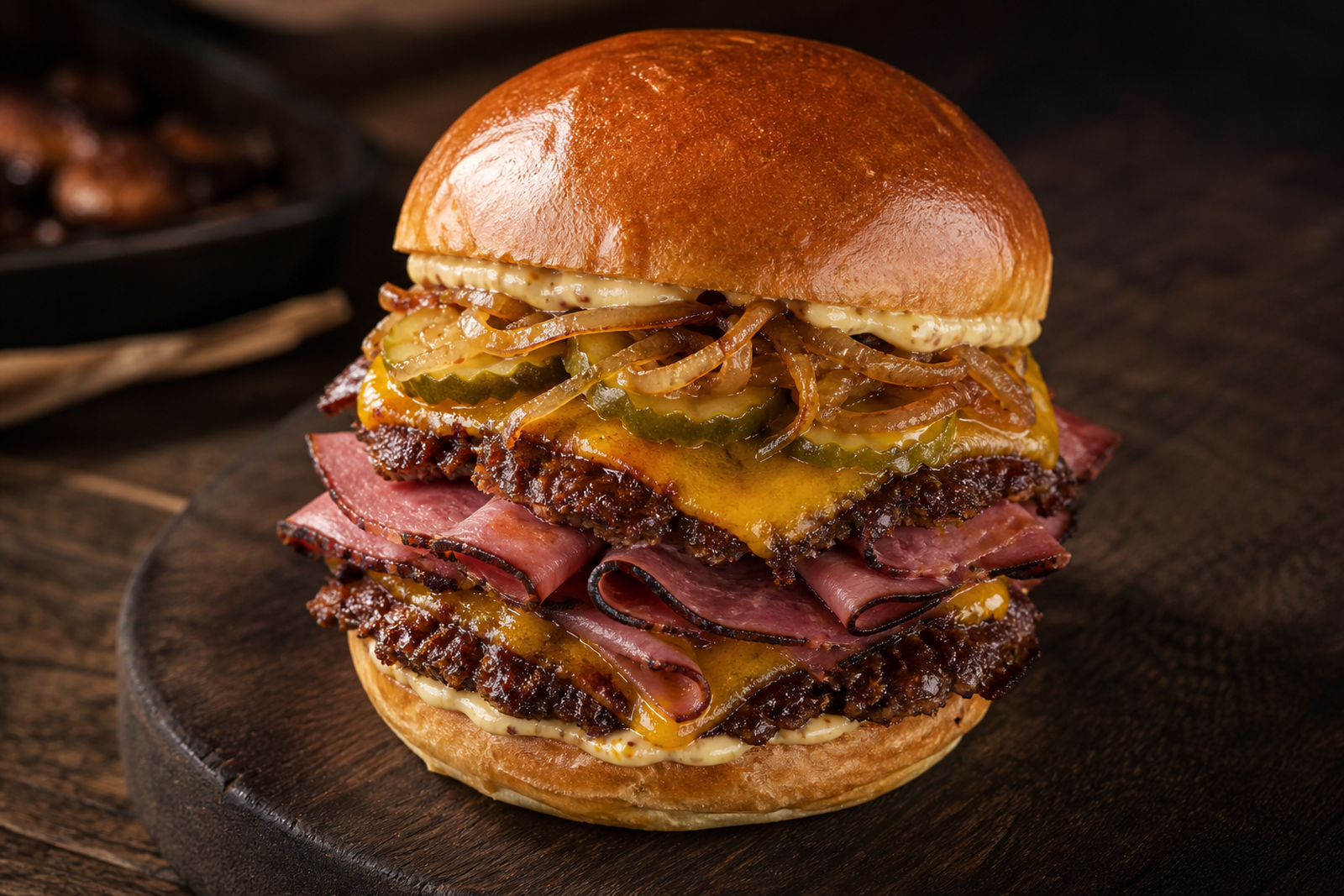 Double-Smash-Pastrami-Burger mit geschmolzenem Cheddar, warmem Pastrami, Gewürzgurken, karamellisierten Zwiebeln und Senf-Mayonnaise im gerösteten Brioche-Bun