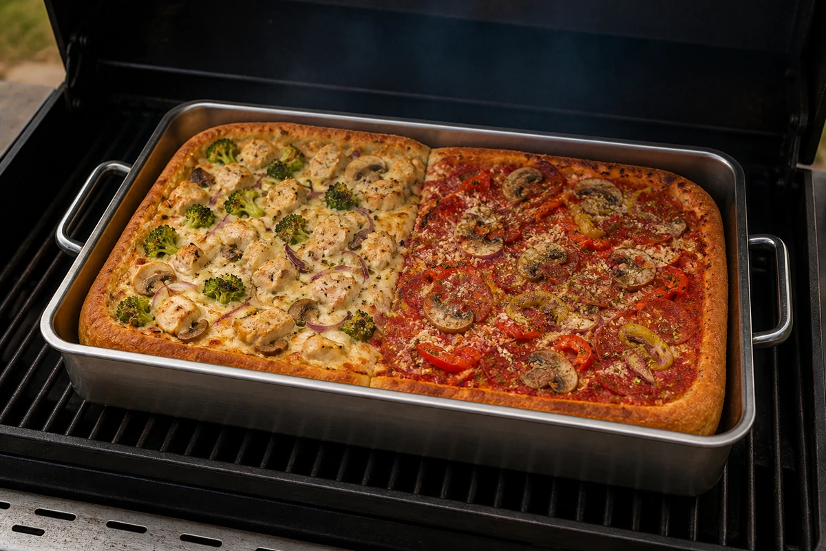 Pizza BBQ Chicago-style 50/50 di Sven in teglia gastro – Suggerimento di presentazione generato con IA