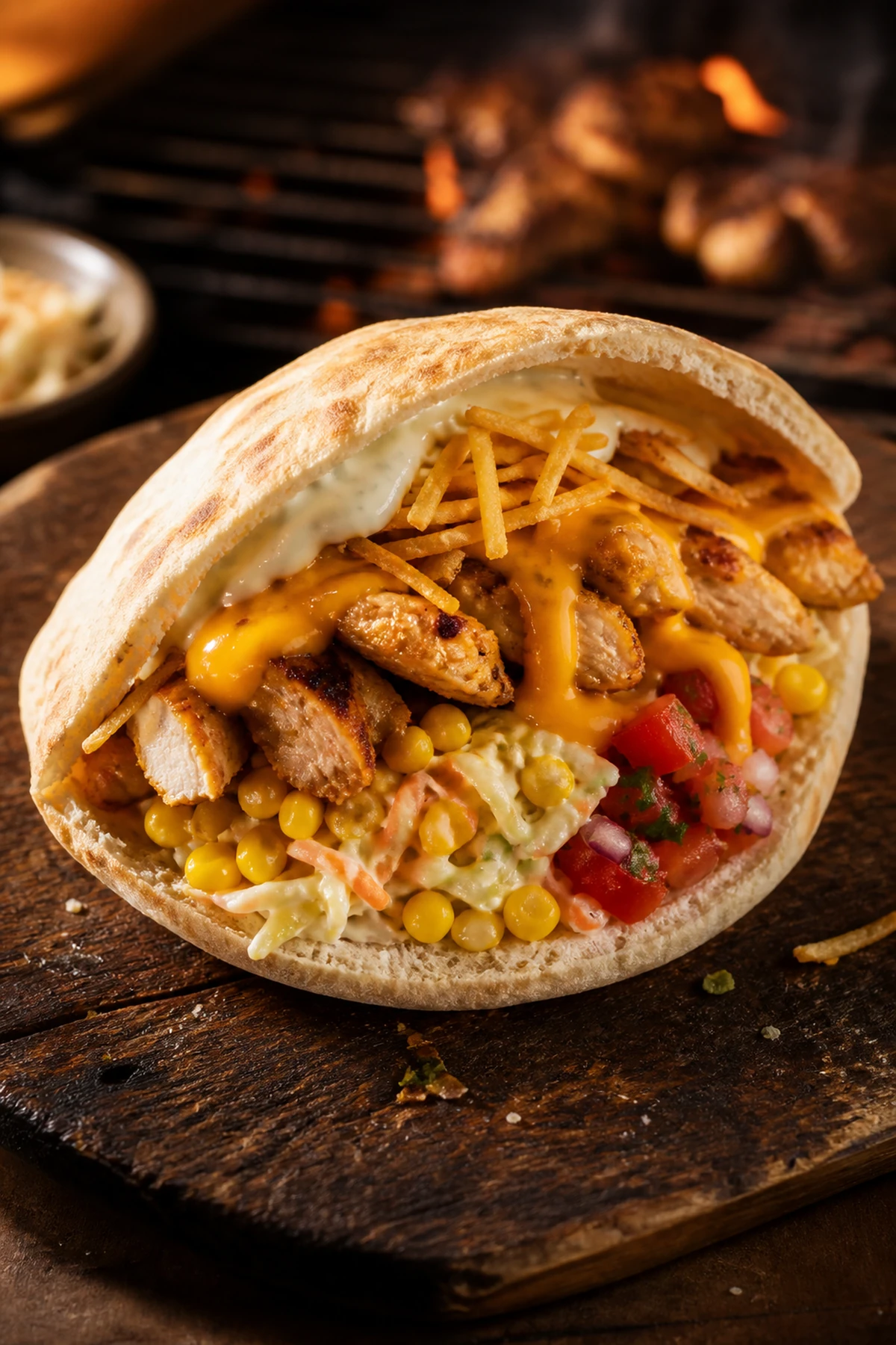Svens Arepa-Style Streetfood-Pita mit Hähnchen, Mais und Käsesauce – KI-Serviervorschlag
