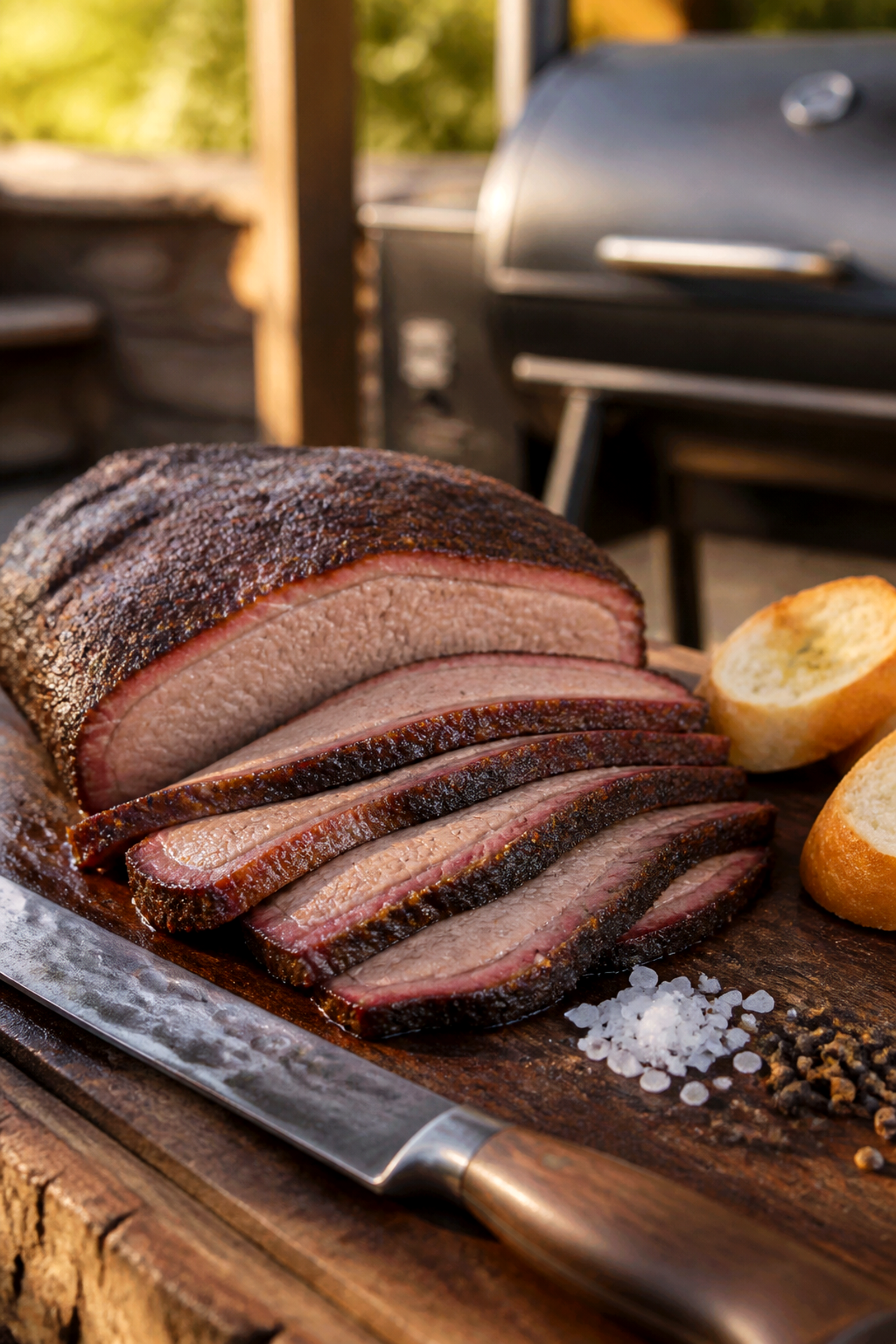 Frisch angeschnittenes Texas Beef Brisket mit dunkler Bark auf rustikalem Holzbrett, dazu Knoblauchbaguette, grobes Salz und schwarzer Pfeffer