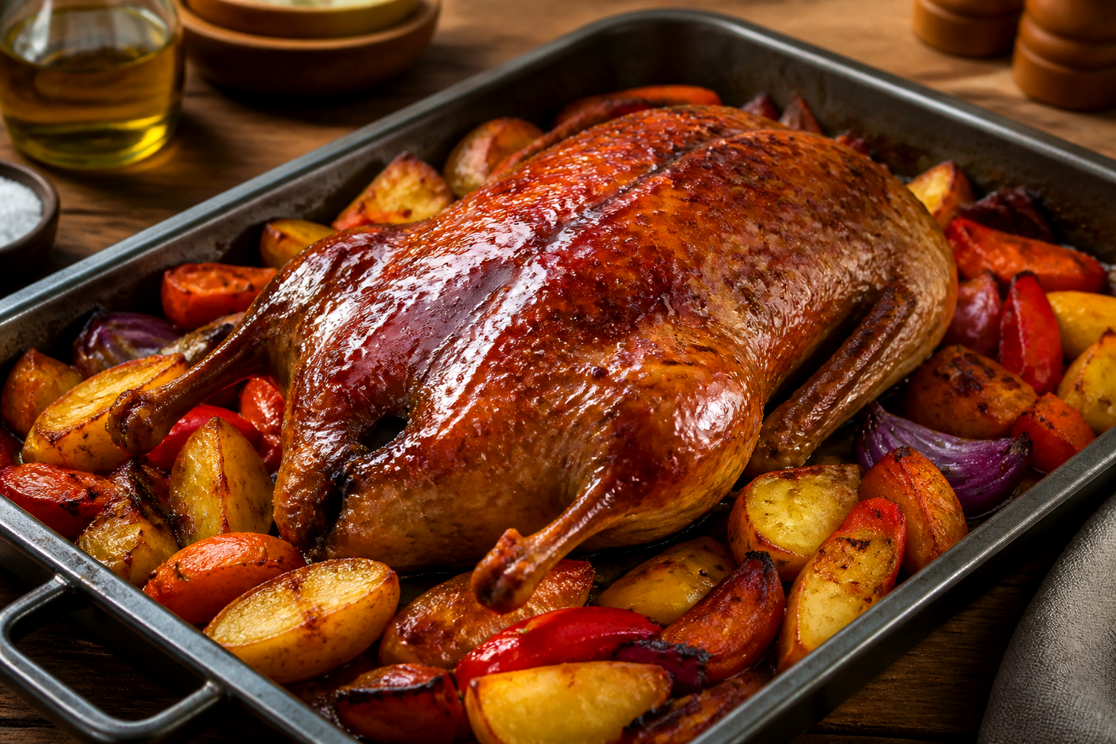 Knusprig gebratene Balkan-Ente mit Ajvar-Honig-Glasur, Kartoffel-Wedges und Ofengemüse im Bräter