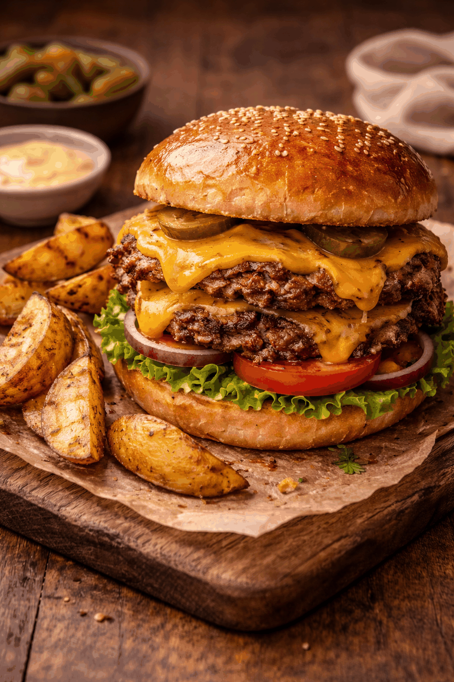 Zdjęcie przepisu: Burger smashed z pieczonymi ziemniakami i dipem śmietanowym (Grill i BBQ)
